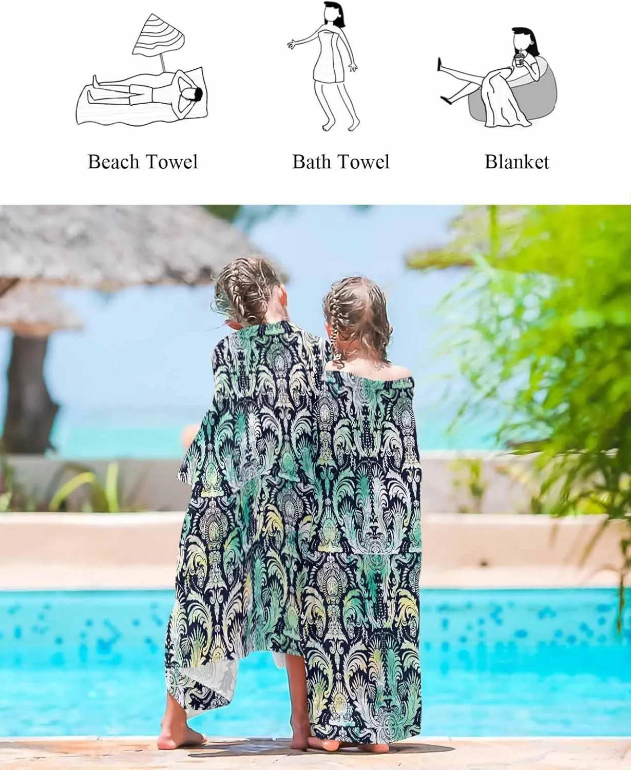 Abstract Beach Towel 23"x47" Microfiber Beach Towels Oversized Sand Free Quick Dry Beach Towel/Bath Towels/Yoga Towel/Pool Towels/Travel Towel for Women Men Girls Kids-Teal Hand-Painted