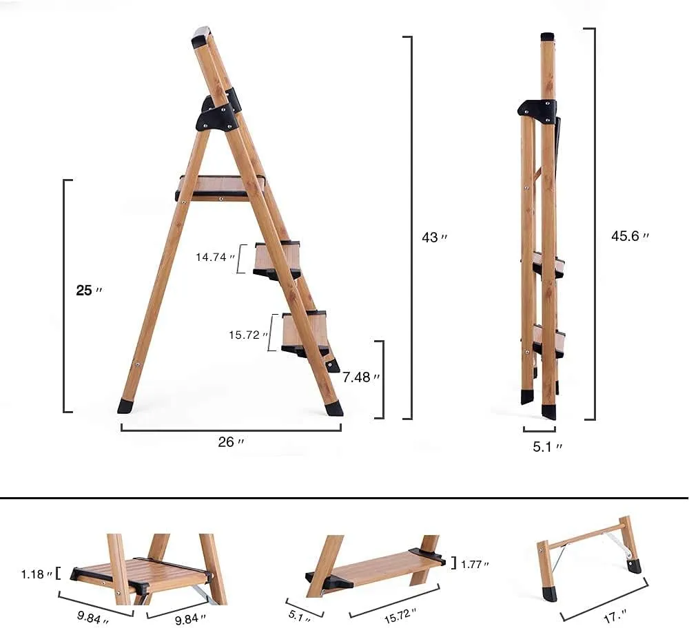 ACSTEP 3 Step Ladder - Aluminum Lightweight Folding Step Stools for Adults - Stepping Foldable Ladder with Anti-Slip Sturdy Wide Pedal 330 Lbs Capacity Woodgrain for Home Kitchen,Brown