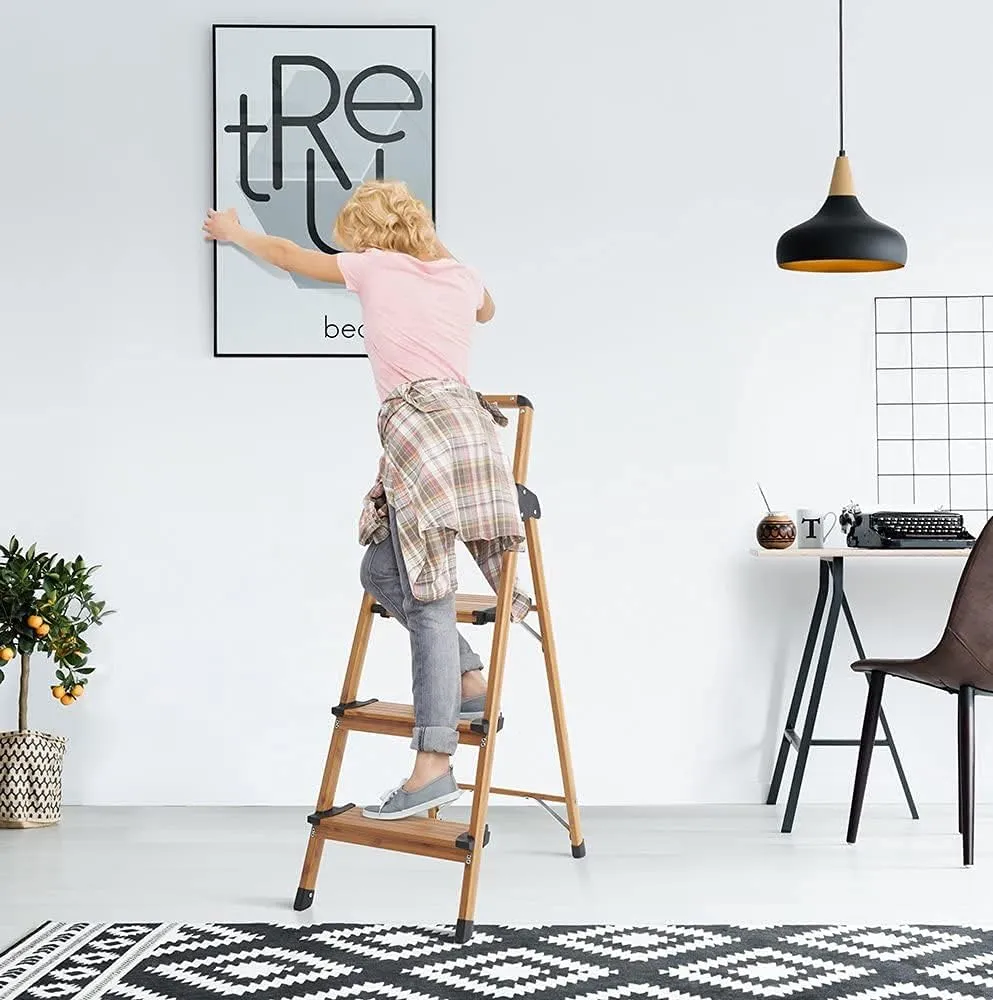 ACSTEP 3 Step Ladder - Aluminum Lightweight Folding Step Stools for Adults - Stepping Foldable Ladder with Anti-Slip Sturdy Wide Pedal 330 Lbs Capacity Woodgrain for Home Kitchen,Brown