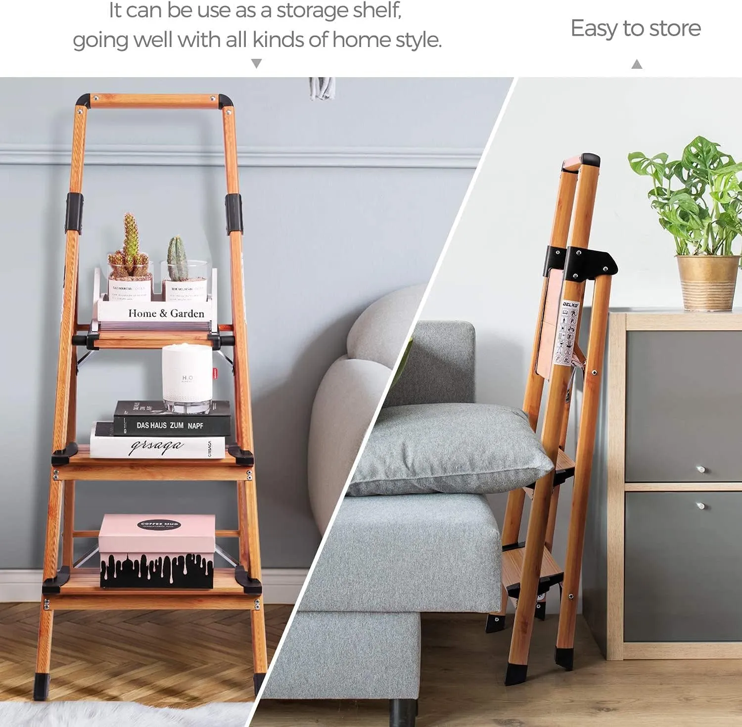 ACSTEP 3 Step Ladder - Aluminum Lightweight Folding Step Stools for Adults - Stepping Foldable Ladder with Anti-Slip Sturdy Wide Pedal 330 Lbs Capacity Woodgrain for Home Kitchen,Brown