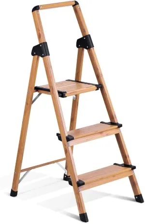 ACSTEP 3 Step Ladder - Aluminum Lightweight Folding Step Stools for Adults - Stepping Foldable Ladder with Anti-Slip Sturdy Wide Pedal 330 Lbs Capacity Woodgrain for Home Kitchen,Brown