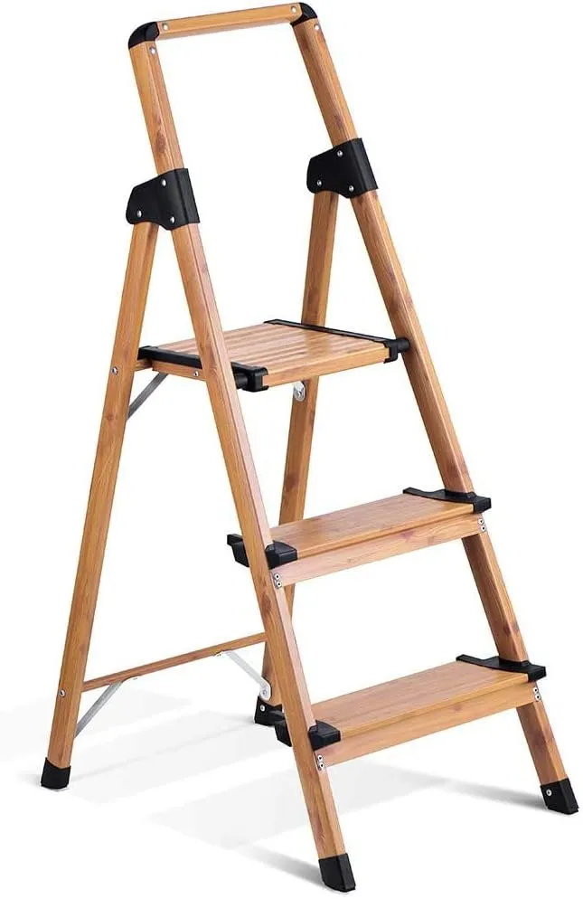 ACSTEP 3 Step Ladder - Aluminum Lightweight Folding Step Stools for Adults - Stepping Foldable Ladder with Anti-Slip Sturdy Wide Pedal 330 Lbs Capacity Woodgrain for Home Kitchen,Brown