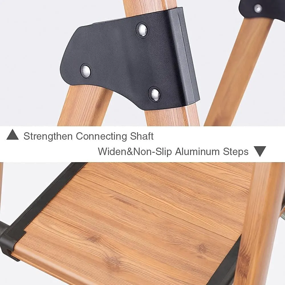 ACSTEP 3 Step Ladder - Aluminum Lightweight Folding Step Stools for Adults - Stepping Foldable Ladder with Anti-Slip Sturdy Wide Pedal 330 Lbs Capacity Woodgrain for Home Kitchen,Brown