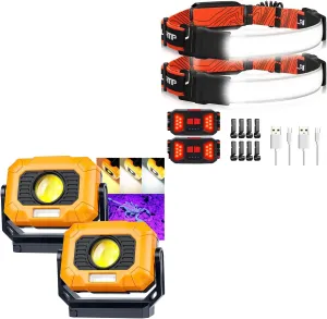 Adelante 2 Pack LED Headlamp Flashlight, 2 Pack Rechargeable Work Light, 230°Wide-Beam Head Light with Taillight(Individual Control)