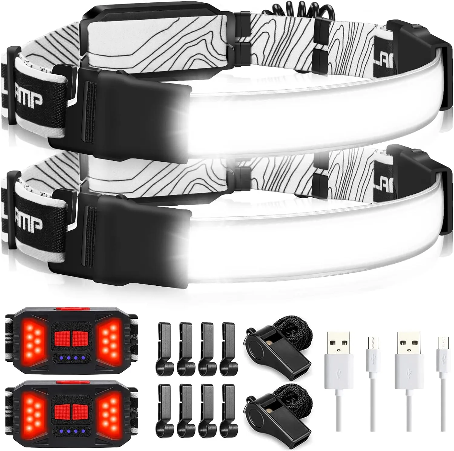 Adelante LED Headlamp Flashlight, 1000LM 230Wide-Beam USB Rechargeable Head Light with Taillight(Individual Control) & 8 Clips Waterproof Headlight Headlamps for Running and Camping (2 Pack, Black)