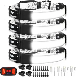 Adelante LED Headlamp Flashlight, 4Pack 1000LM 230°Wide-Beam Rechargeable Head Lamp for Adults, Red Taillight & 16 Clips Waterproof Hard Hat Light Headlamps for Running Hiking and Camping