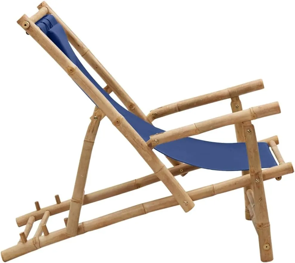 Adjustable Bamboo Deck Chair with Navy Blue Canvas, Foldable Outdoor Lounge Chair 3-Position Reclining Patio Furniture for Beach Camping Poolside (23.6"x41.7"x35.4")