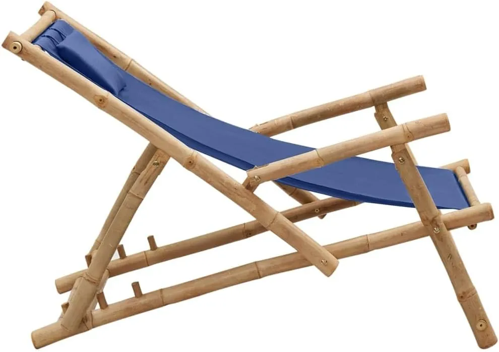 Adjustable Bamboo Deck Chair with Navy Blue Canvas, Foldable Outdoor Lounge Chair 3-Position Reclining Patio Furniture for Beach Camping Poolside (23.6"x41.7"x35.4")
