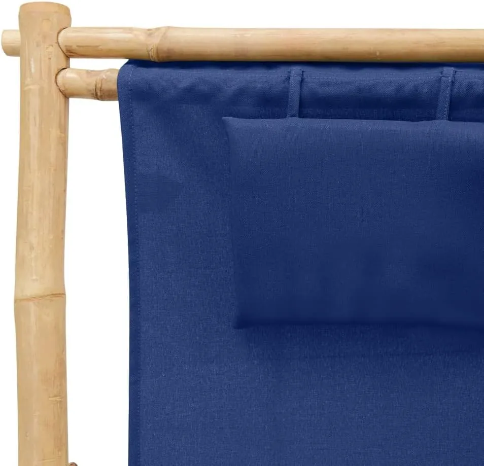 Adjustable Bamboo Deck Chair with Navy Blue Canvas, Foldable Outdoor Lounge Chair 3-Position Reclining Patio Furniture for Beach Camping Poolside (23.6"x41.7"x35.4")