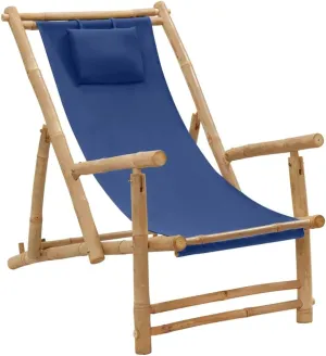 Adjustable Bamboo Deck Chair with Navy Blue Canvas, Foldable Outdoor Lounge Chair 3-Position Reclining Patio Furniture for Beach Camping Poolside (23.6"x41.7"x35.4")