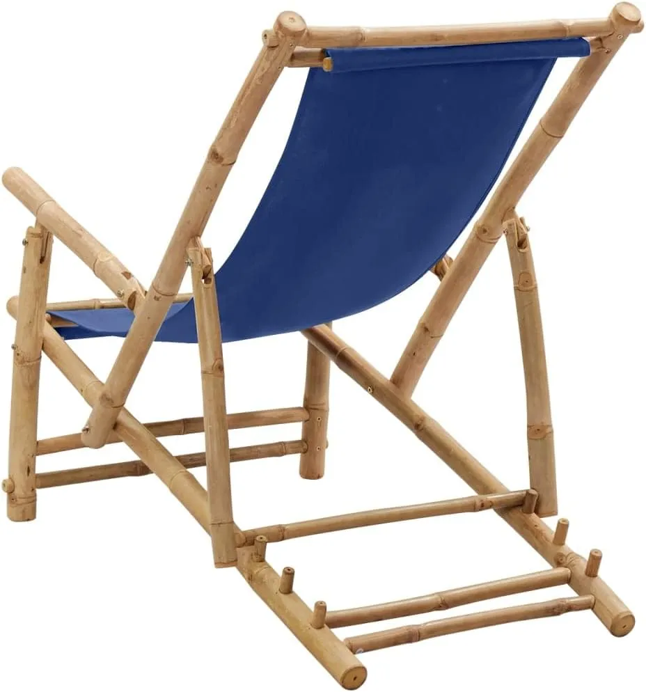 Adjustable Bamboo Deck Chair with Navy Blue Canvas, Foldable Outdoor Lounge Chair 3-Position Reclining Patio Furniture for Beach Camping Poolside (23.6"x41.7"x35.4")