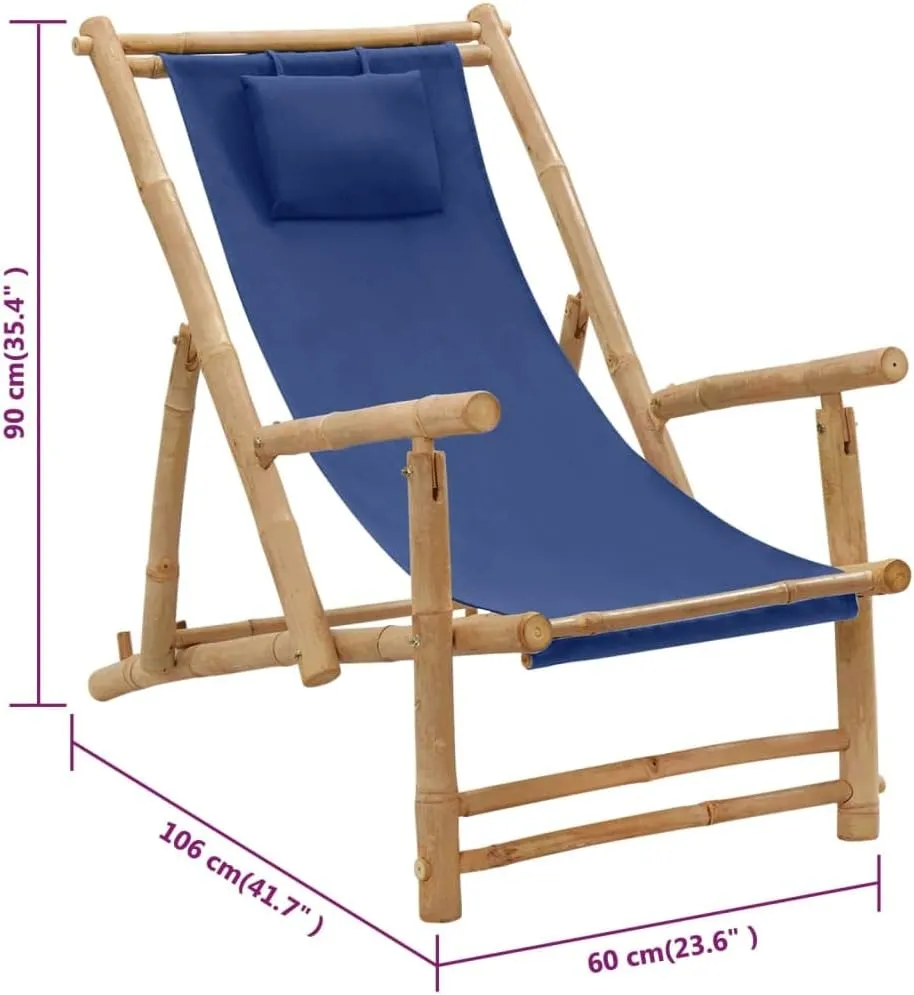 Adjustable Bamboo Deck Chair with Navy Blue Canvas, Foldable Outdoor Lounge Chair 3-Position Reclining Patio Furniture for Beach Camping Poolside (23.6"x41.7"x35.4")