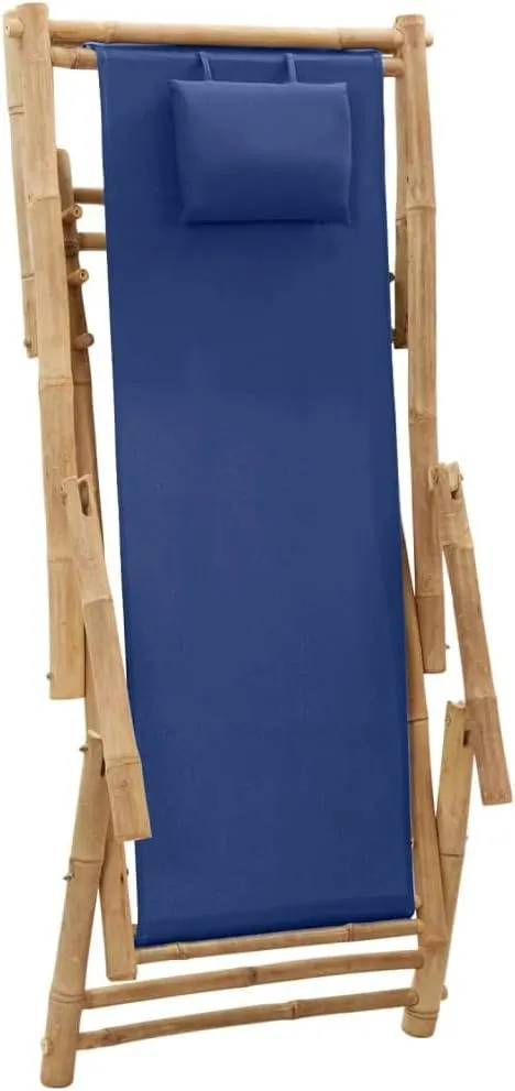 Adjustable Bamboo Deck Chair with Navy Blue Canvas, Foldable Outdoor Lounge Chair 3-Position Reclining Patio Furniture for Beach Camping Poolside (23.6"x41.7"x35.4")