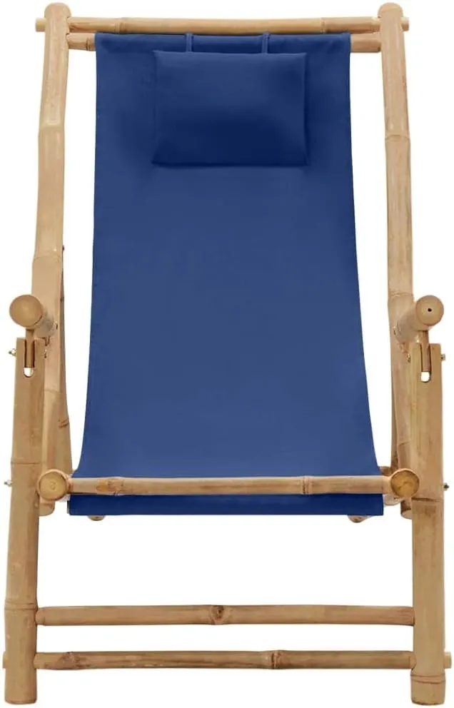 Adjustable Bamboo Deck Chair with Navy Blue Canvas, Foldable Outdoor Lounge Chair 3-Position Reclining Patio Furniture for Beach Camping Poolside (23.6"x41.7"x35.4")