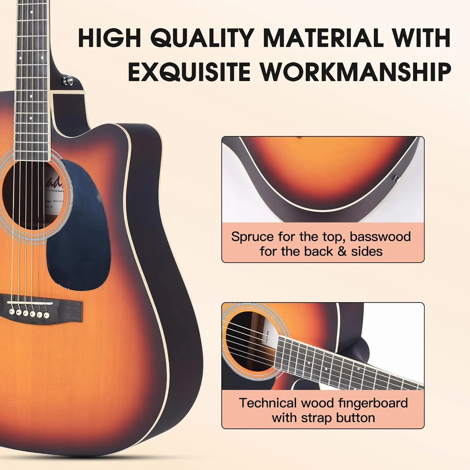 ADM Cutaway Acoustic Guitar Kit with Free Lesson for Beginner Adult Teen Full Size Acustica Guitarra Starter Bundle Set w/Bag Strap Tuner Capo Music Stand Right Hand(Sunburst-Cutaway, 41 Inch)