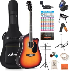 ADM Cutaway Acoustic Guitar Kit with Free Lesson for Beginner Adult Teen Full Size Acustica Guitarra Starter Bundle Set w/Bag Strap Tuner Capo Music Stand Right Hand(Sunburst-Cutaway, 41 Inch)