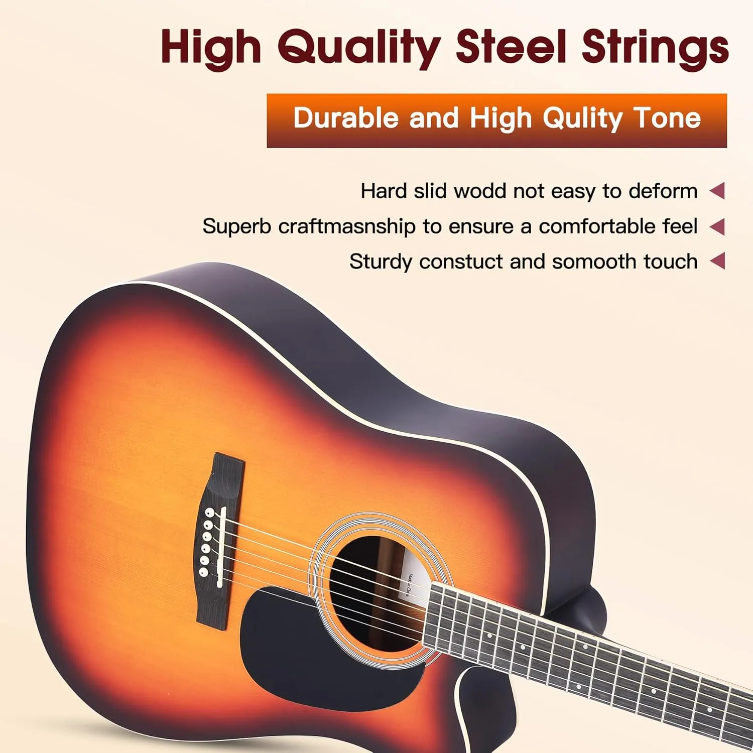 ADM Cutaway Acoustic Guitar Kit with Free Lesson for Beginner Adult Teen Full Size Acustica Guitarra Starter Bundle Set w/Bag Strap Tuner Capo Music Stand Right Hand(Sunburst-Cutaway, 41 Inch)
