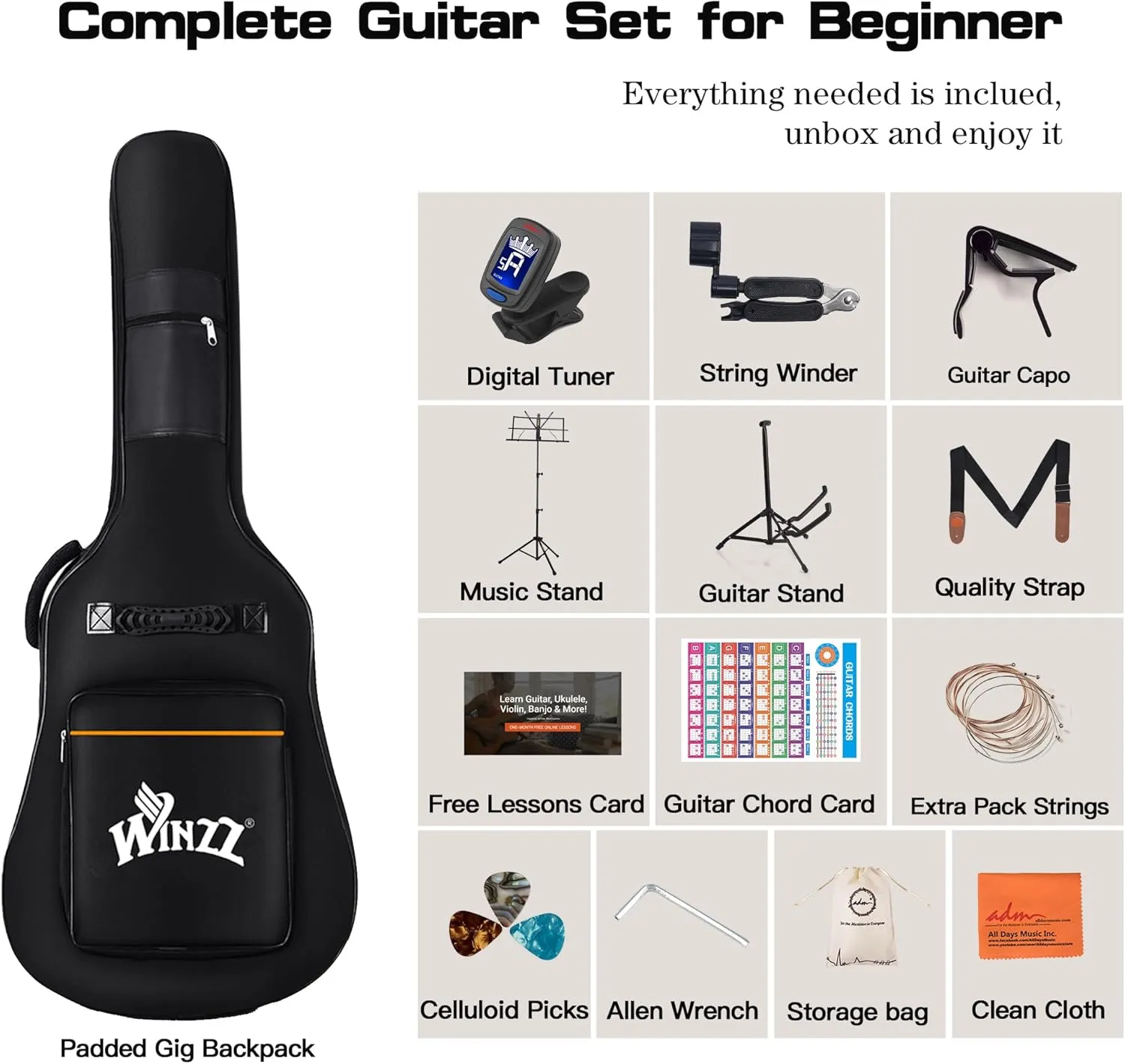 ADM Cutaway Acoustic Guitar Kit with Free Lesson for Beginner Adult Teen Full Size Acustica Guitarra Starter Bundle Set w/Bag Strap Tuner Capo Music Stand Right Hand(Sunburst-Cutaway, 41 Inch)