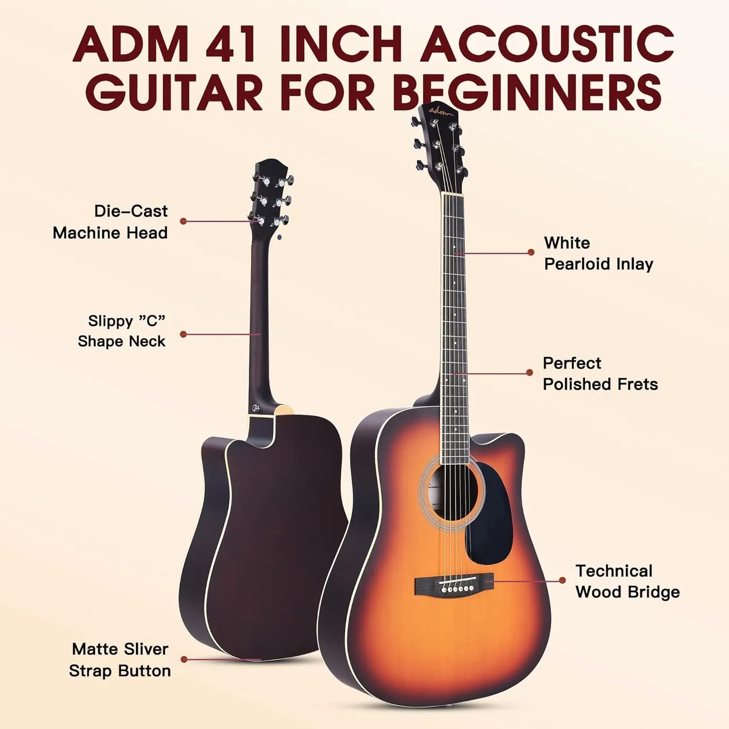 ADM Cutaway Acoustic Guitar Kit with Free Lesson for Beginner Adult Teen Full Size Acustica Guitarra Starter Bundle Set w/Bag Strap Tuner Capo Music Stand Right Hand(Sunburst-Cutaway, 41 Inch)