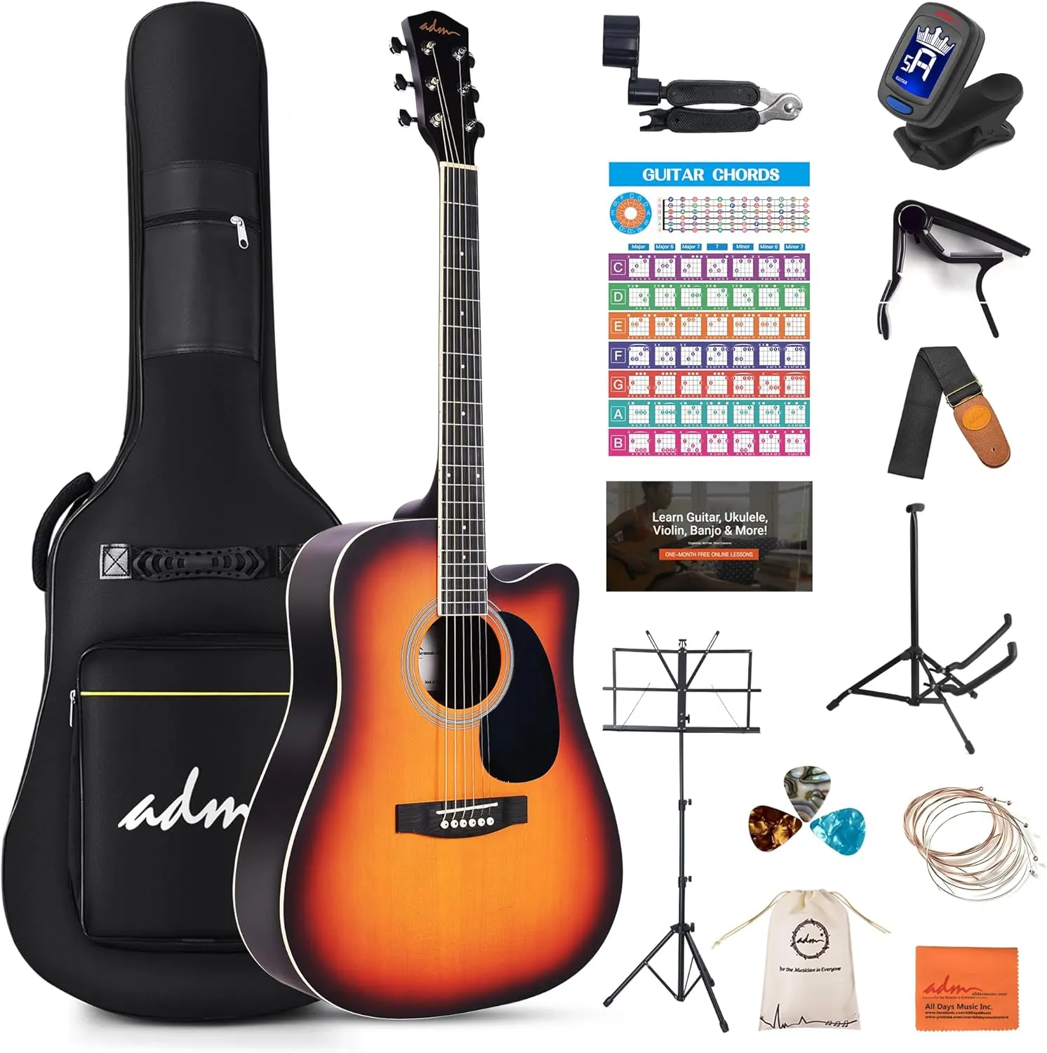 ADM Cutaway Acoustic Guitar Kit with Free Lesson for Beginner Adult Teen Full Size Acustica Guitarra Starter Bundle Set w/Bag Strap Tuner Capo Music Stand Right Hand(Sunburst-Cutaway, 41 Inch)