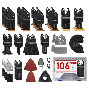 Adust 106 Pack Oscillating Saw Blades with Case, Universal Multitool Blades, Oscillating Tool Blade, Curved Blade/Extra Long/Titanium/Bi-Metal for Wood/Metal/Plastic Fit Dewalt Milwaukee Ryobi