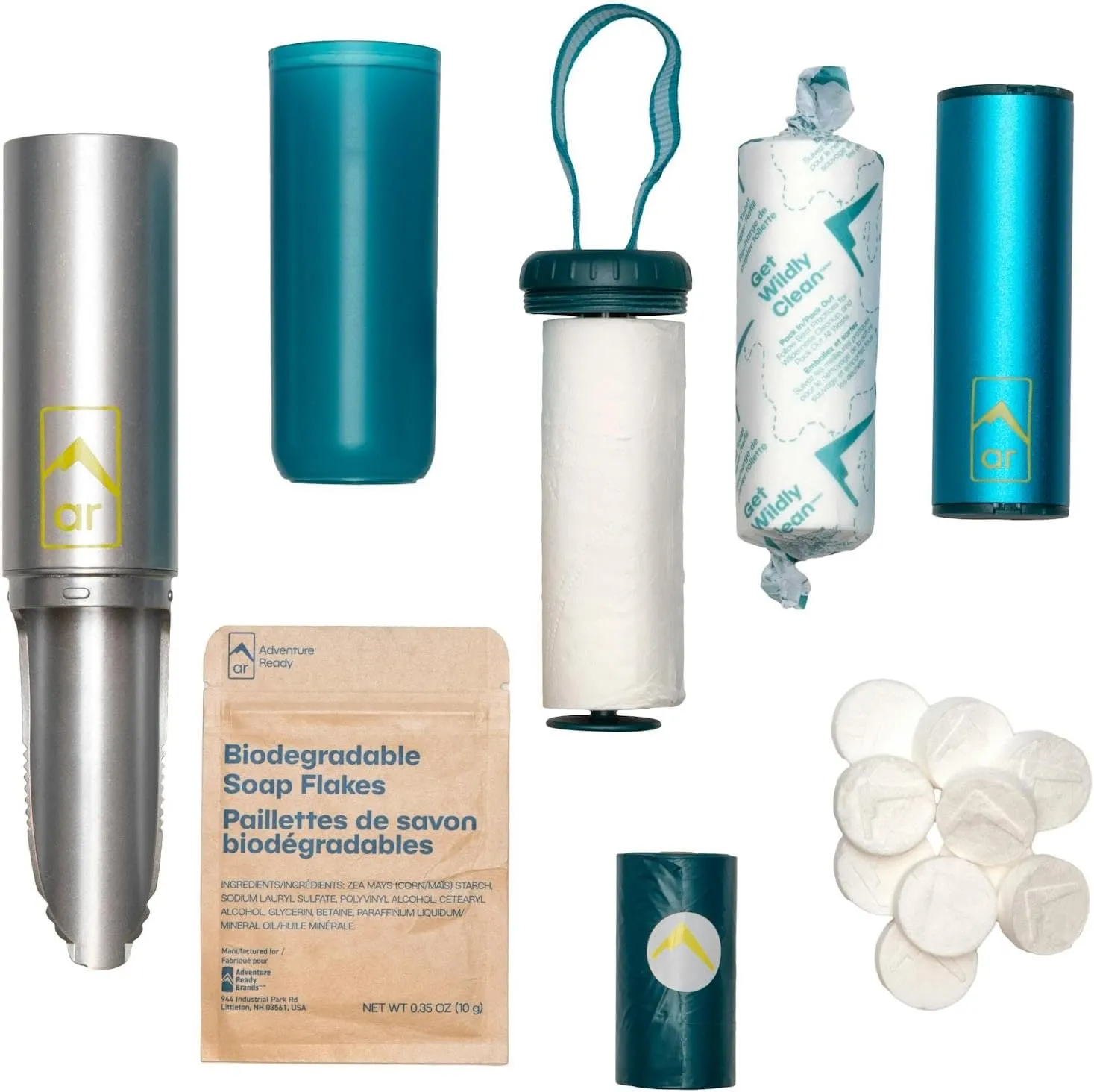 Adventure Ready Backpacking Trowel Toilet Kit - Includes Aluminum Camping Shovel, Toilet Paper, Packout Bags, Soap Flakes & Compressed Towelettes