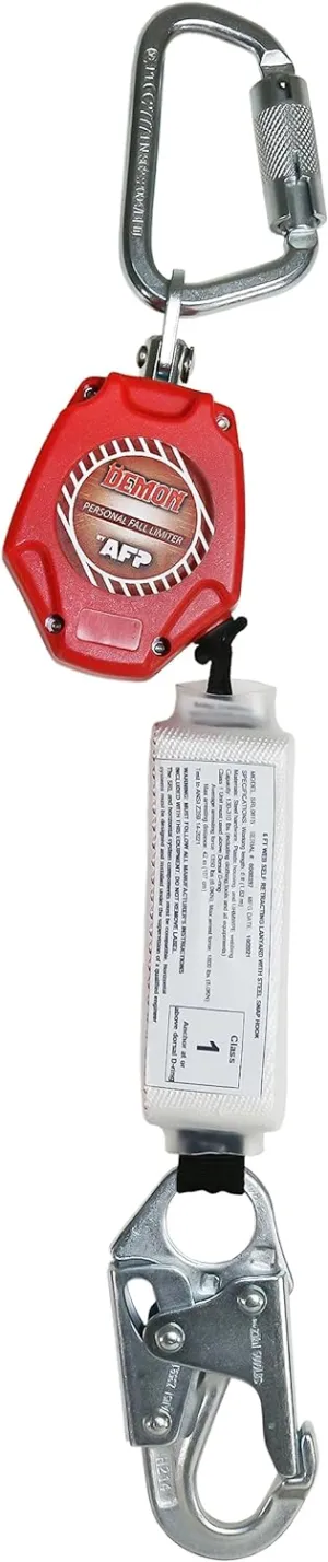 AFP Demon 6 Foot Single Web Leg Self Retracting Lifeline Safety Yoyo, Shock Pack Absorber, Steel Snap Hook & Steel Carabiner Fall Protection Arrest Limiter SRL | OSHA & ANSI Rated