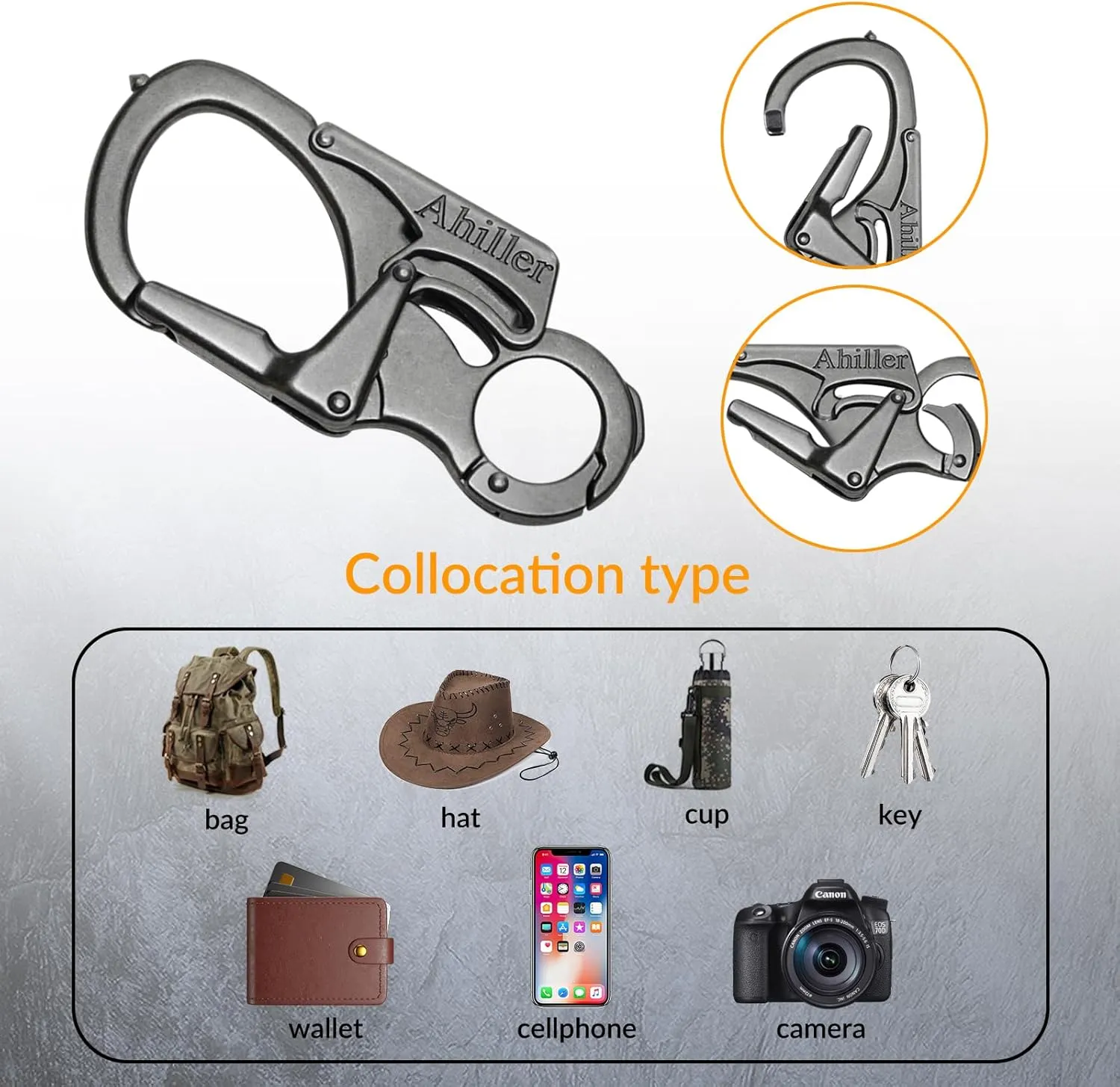 Ahiller Carabiner Keychain Clip, Double Lock Designed - Tungsten Steel Tip, Multifounction Tools for Camping, Hiking, Fishing, Outdoor Survival