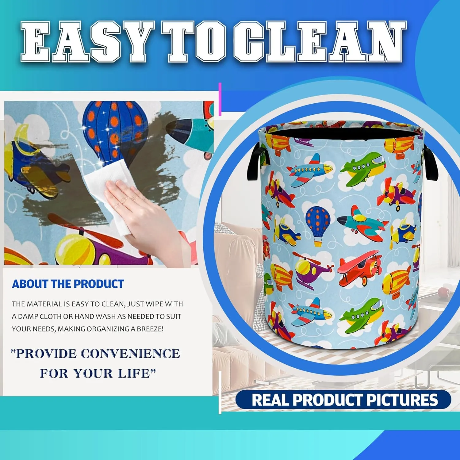 Airplane Laundry Basket Oxford Cloth Hot Air Balloon Laundry Hamper With Handle Foldable Portable Clothes Storage Basket 18.9 X 16.5 Inch Storage Bag For Laundry Room/Bathroom/Bedroom/Dormitories