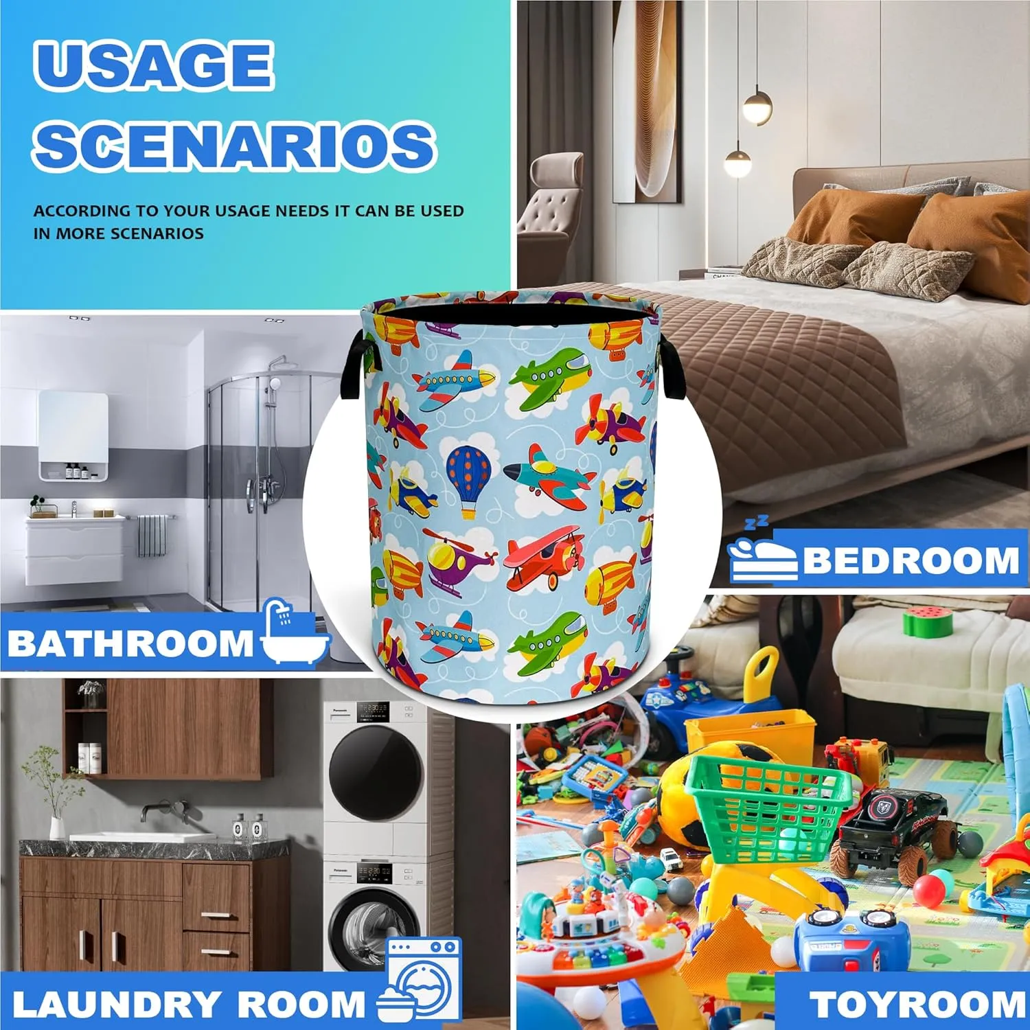 Airplane Laundry Basket Oxford Cloth Hot Air Balloon Laundry Hamper With Handle Foldable Portable Clothes Storage Basket 18.9 X 16.5 Inch Storage Bag For Laundry Room/Bathroom/Bedroom/Dormitories