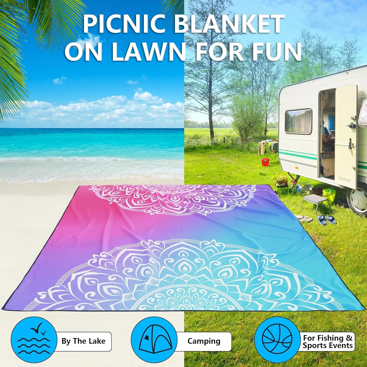 AISPARKY Beach Blanket Waterproof Sandproof, Oversized Large Beach Mat 79" X 83"/120"x108" for 1-8 Adults, Quick Drying&Compact&Lightweight, Picnic Mat Vacation Essentials for Beach Camping Travel