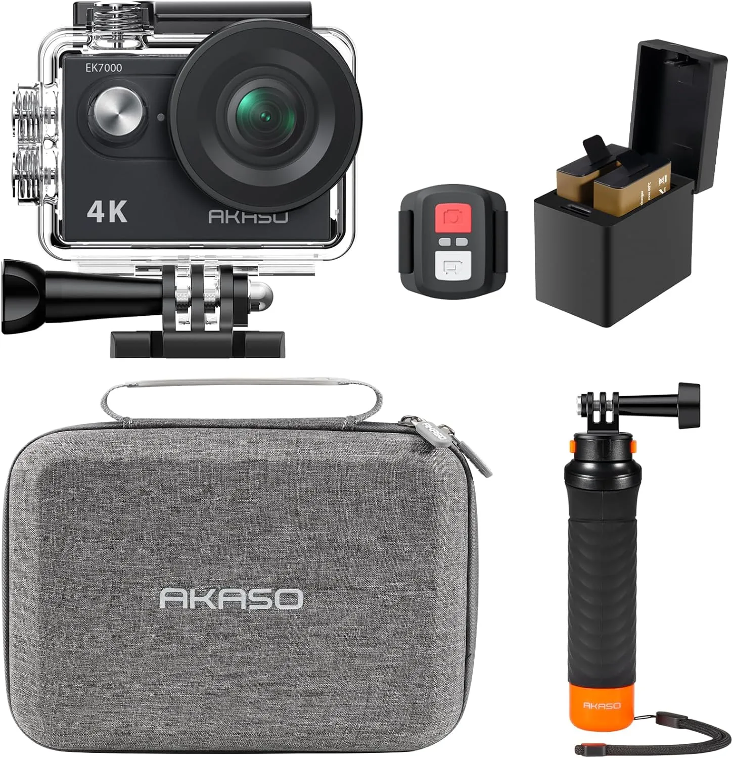 AKASO EK7000 4K30fps 20MP Action Camera EIS Ultra HD 131FT Waterproof Underwater Camera with Waterproof Floating Hand Grip Bundle and Carrying Case Helmet Accessories Kit Bundle