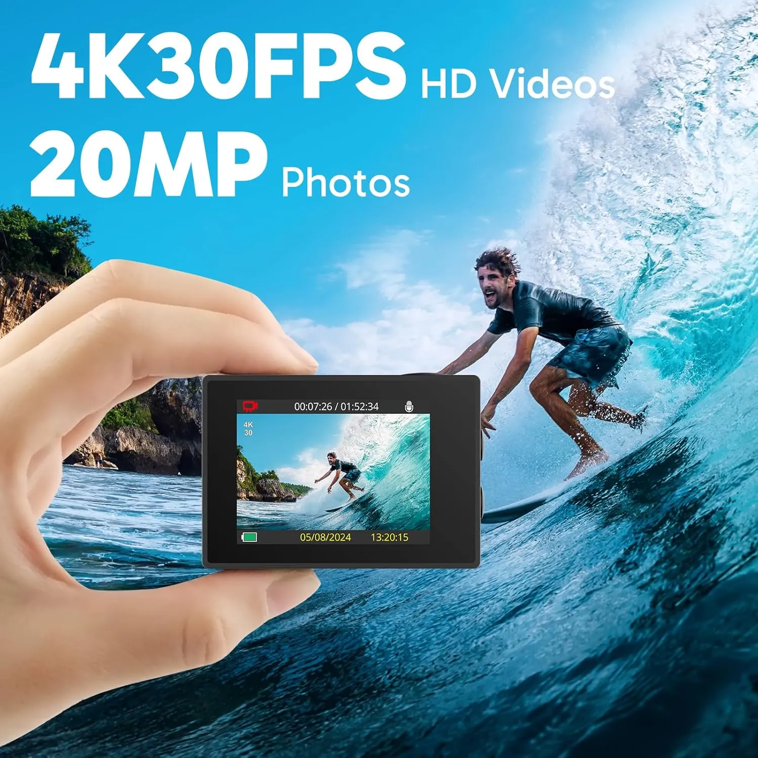 AKASO EK7000 4K30fps 20MP Action Camera EIS Ultra HD 131FT Waterproof Underwater Camera with Waterproof Floating Hand Grip Bundle and Carrying Case Helmet Accessories Kit Bundle