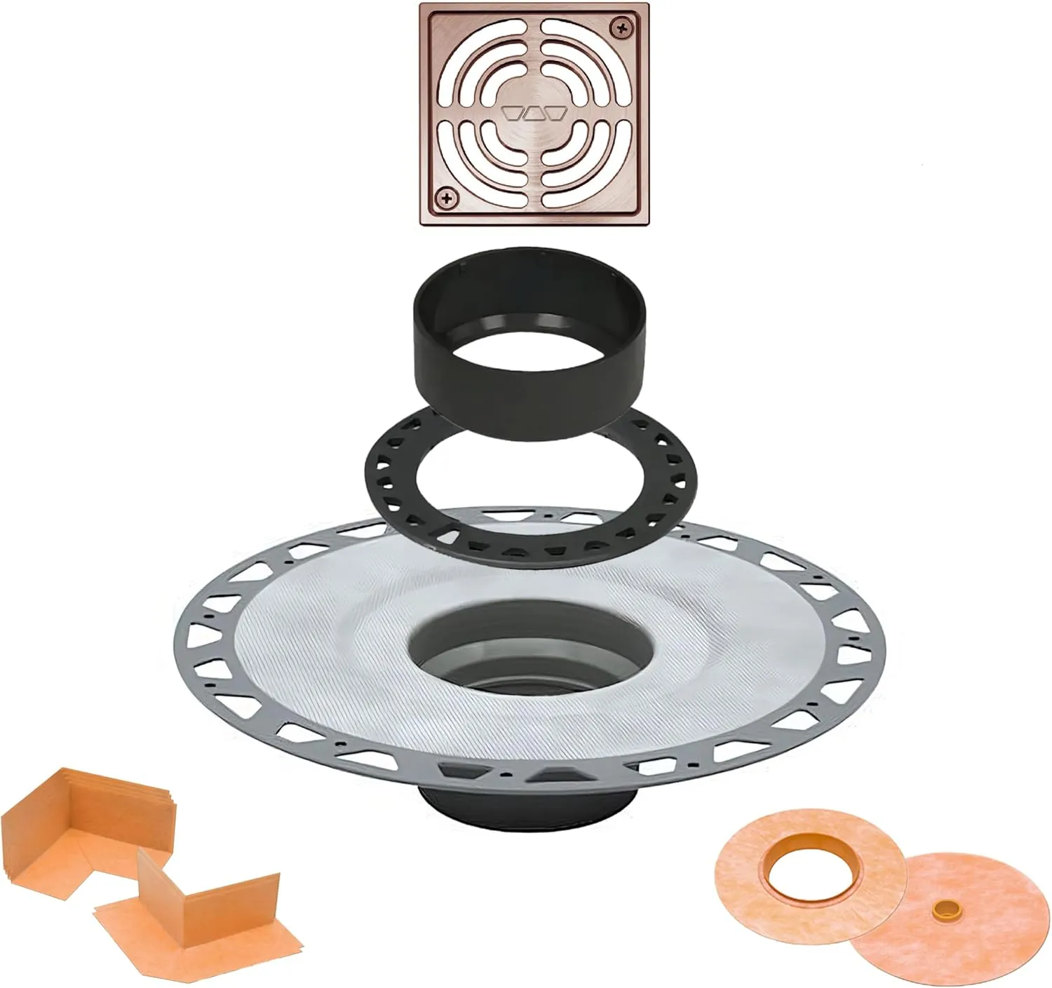 All-in-one Shower Kit: 48x60 Center Shower Pan (Tray), 2 inch PVC flange and 4 Inch Shower Drain Cover in Contour Design with Brushed Copper Finish (KD4GRKAKGB Grate)
