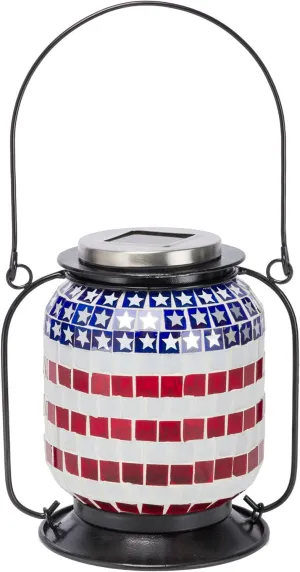 Alpine Corporation 7" Tall Hanging Solar Powered Outdoor Patriotic Lantern with LED Lights
