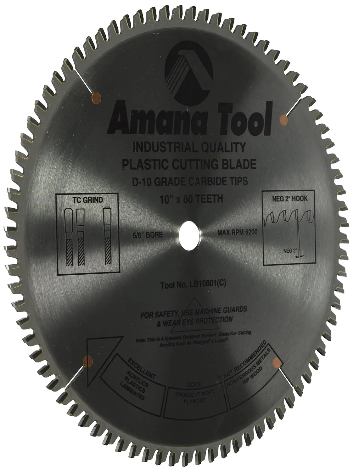Amana Tool - LB10801 Carbide Tipped Non-Melt Plastic 10" Dia x 80T M-Tcg, -2 Deg, 5/8