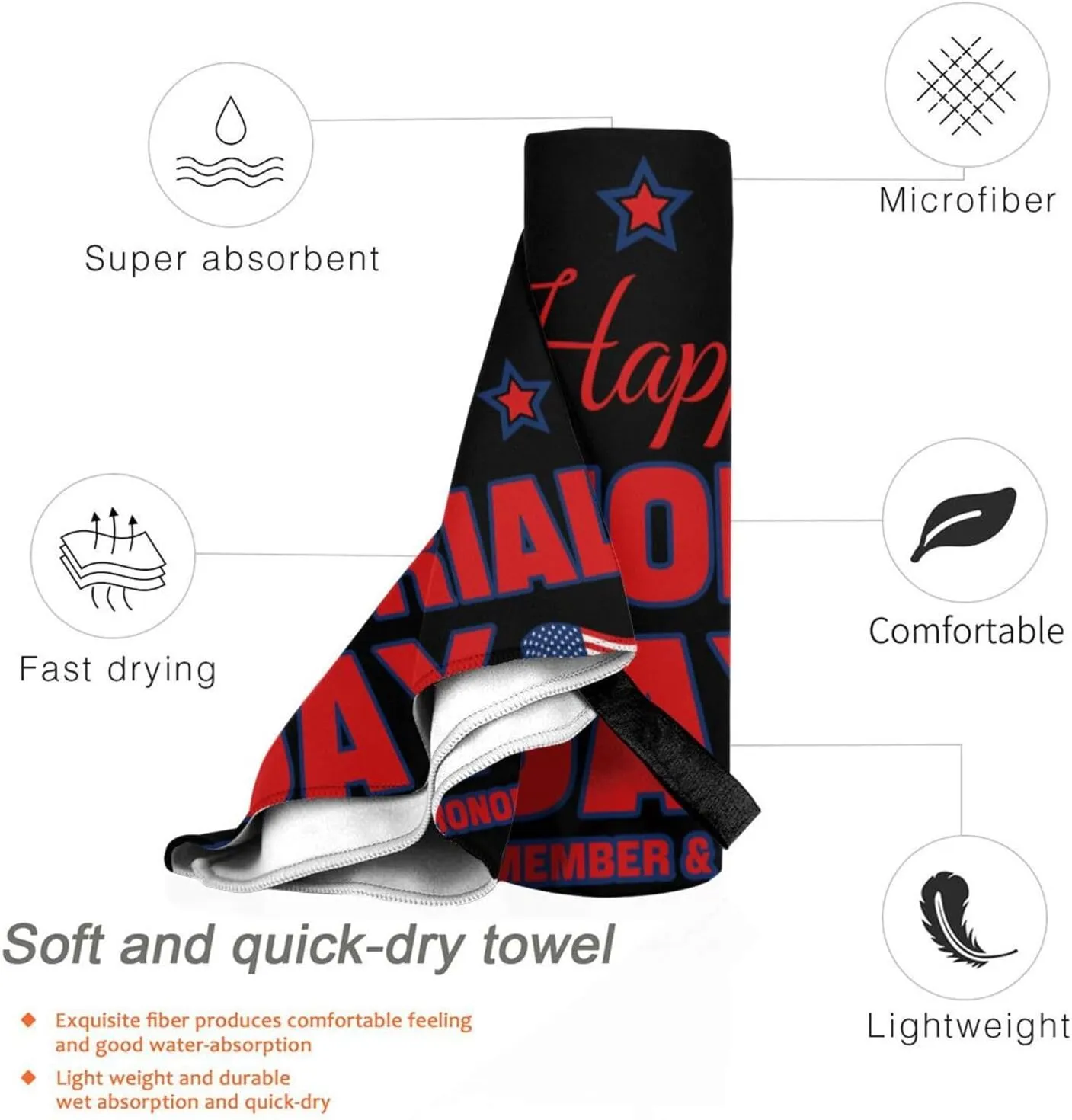 America Memorial Day Text Beach Towels for Women Men 31 x 63 inches Bath Towel with Travel Bag Quick Dry Swim Towels for Sport Gift