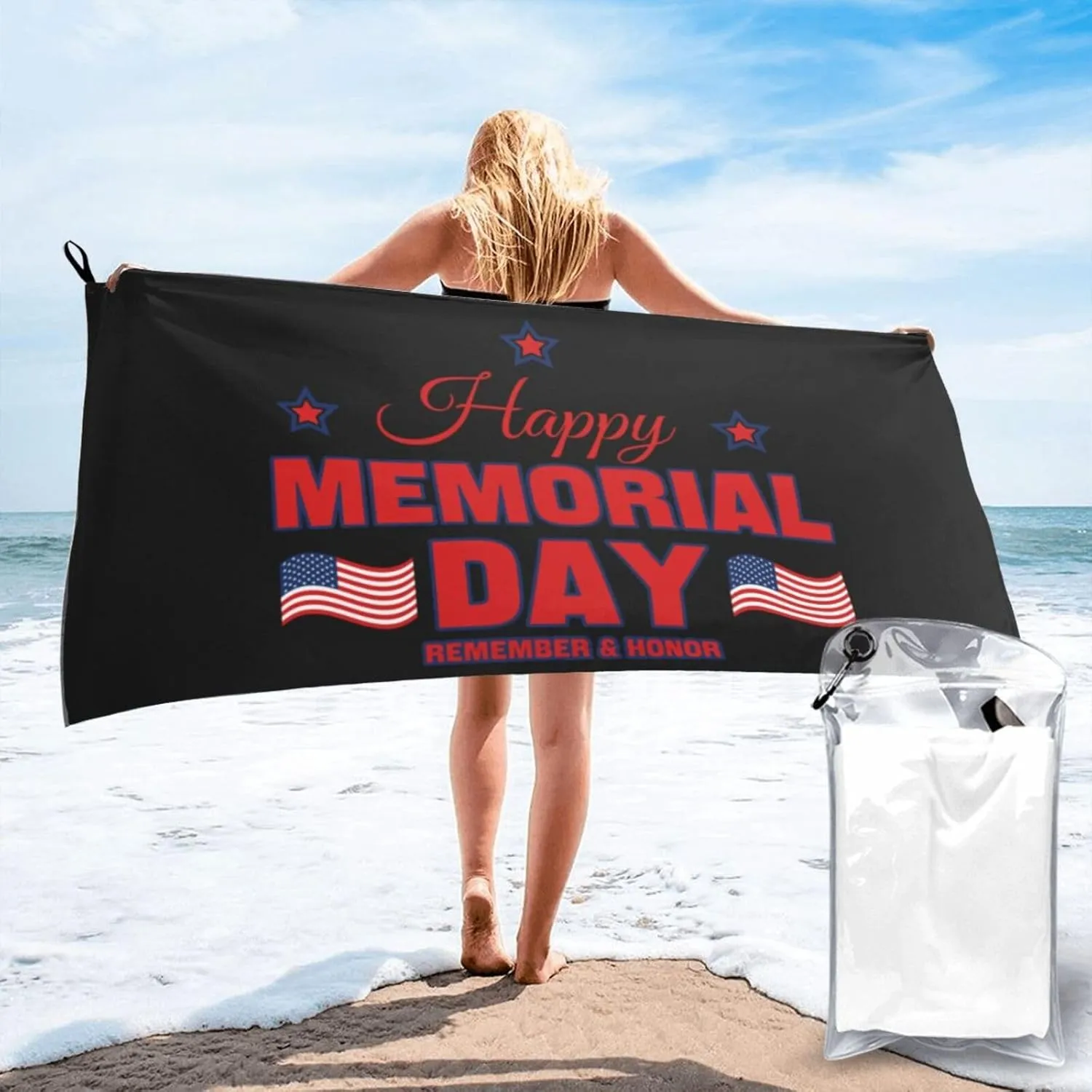 America Memorial Day Text Beach Towels for Women Men 31 x 63 inches Bath Towel with Travel Bag Quick Dry Swim Towels for Sport Gift