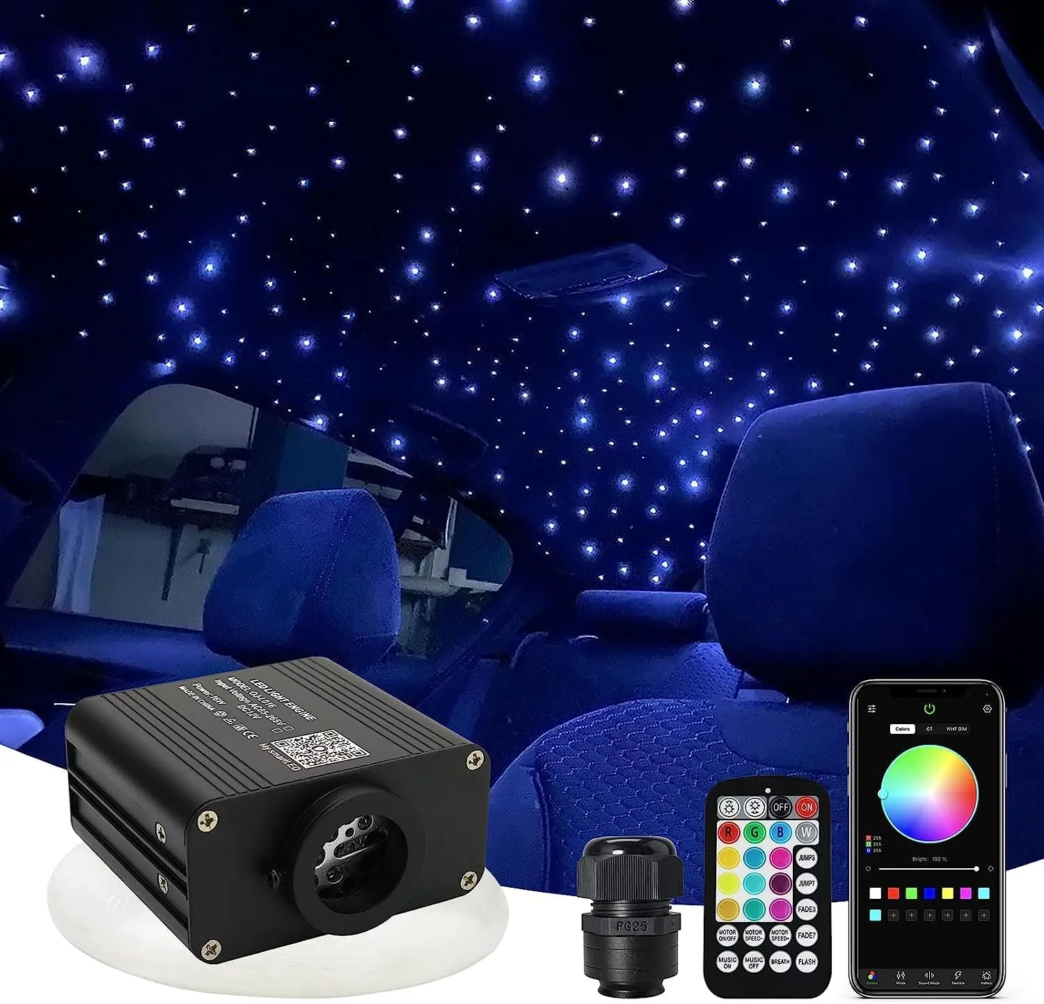 AMKI Updated 16W RGBW Fiber Optic Light Twinkle   Sound Activated 300pcs 0.03in 9.8ft Cables APP Remote Music Control Car Home Starlight Headliner Star Ceiling Light Kit