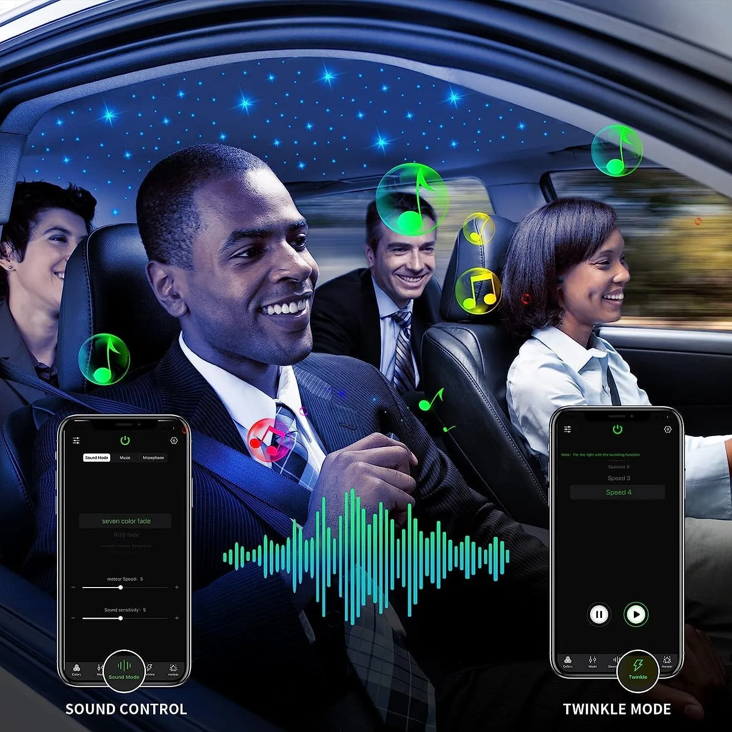 AMKI Updated 16W RGBW Fiber Optic Light Twinkle   Sound Activated 300pcs 0.03in 9.8ft Cables APP Remote Music Control Car Home Starlight Headliner Star Ceiling Light Kit