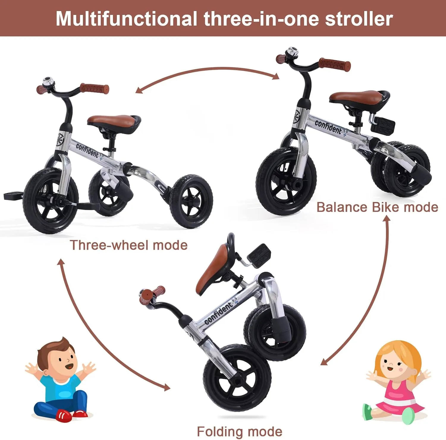 Ancaixin 3 in 1 Toddler Tricycles for 2-5 Years Old Boys Girls with Adjustable Seat Detachable Pedal and Bell, Foldable Baby Balance Bike Riding Toys, Kids Birthday Christmas New Year Gift (Silver)