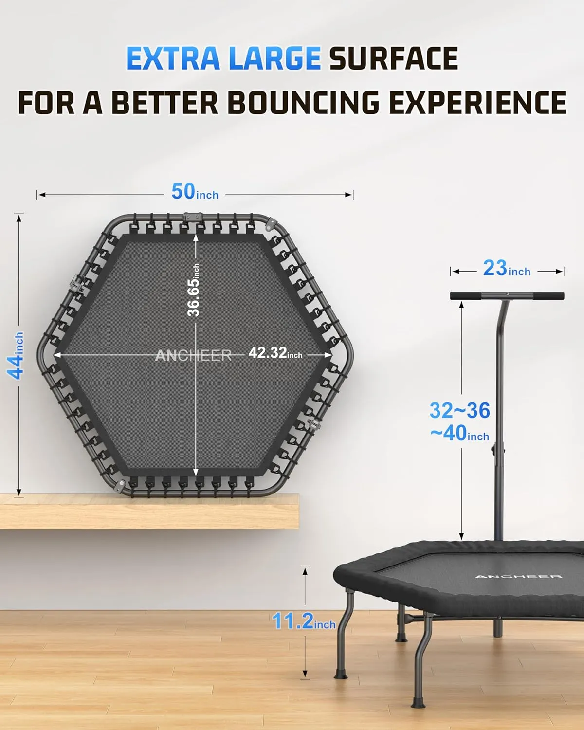 ANCHEER 50" Rebounder Trampoline for Adults- 2025 Foldable Mini Trampoline with Bar- Exercise Trampoline for Adults, Max Load 450lbs/550lbs, for Indoor/Garden Workout