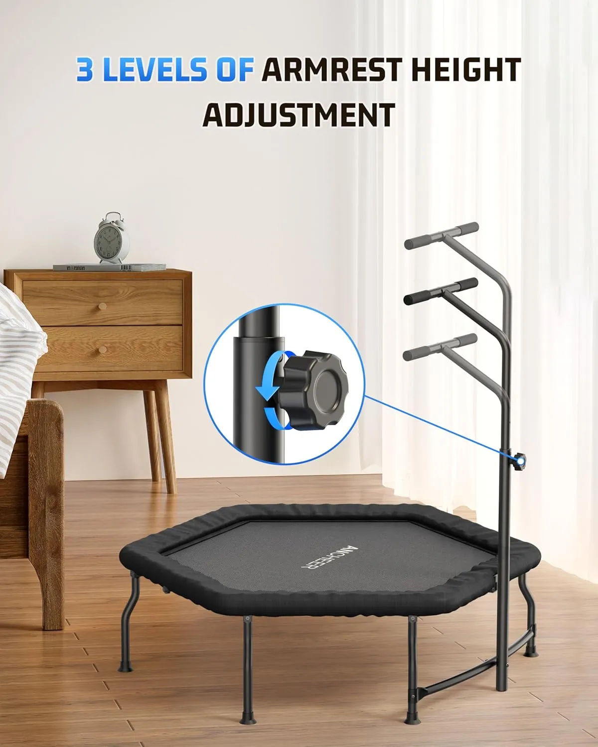 ANCHEER 50" Rebounder Trampoline for Adults- 2025 Foldable Mini Trampoline with Bar- Exercise Trampoline for Adults, Max Load 450lbs/550lbs, for Indoor/Garden Workout