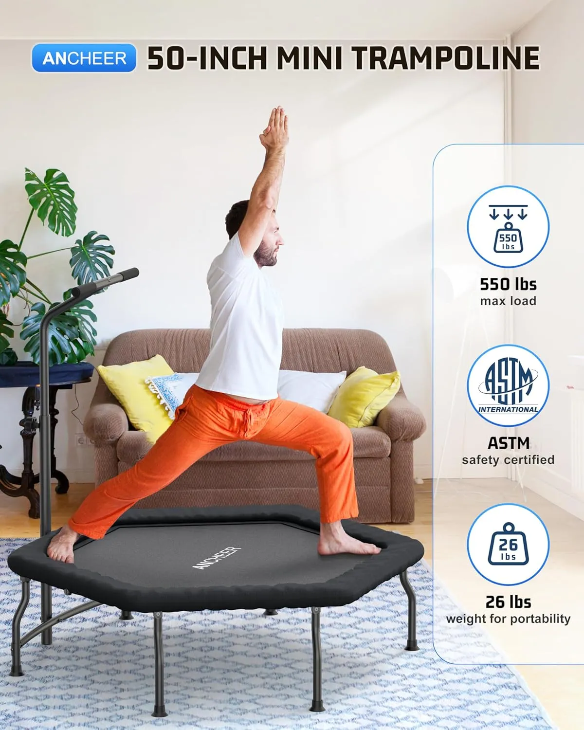 ANCHEER 50" Rebounder Trampoline for Adults- 2025 Foldable Mini Trampoline with Bar- Exercise Trampoline for Adults, Max Load 450lbs/550lbs, for Indoor/Garden Workout