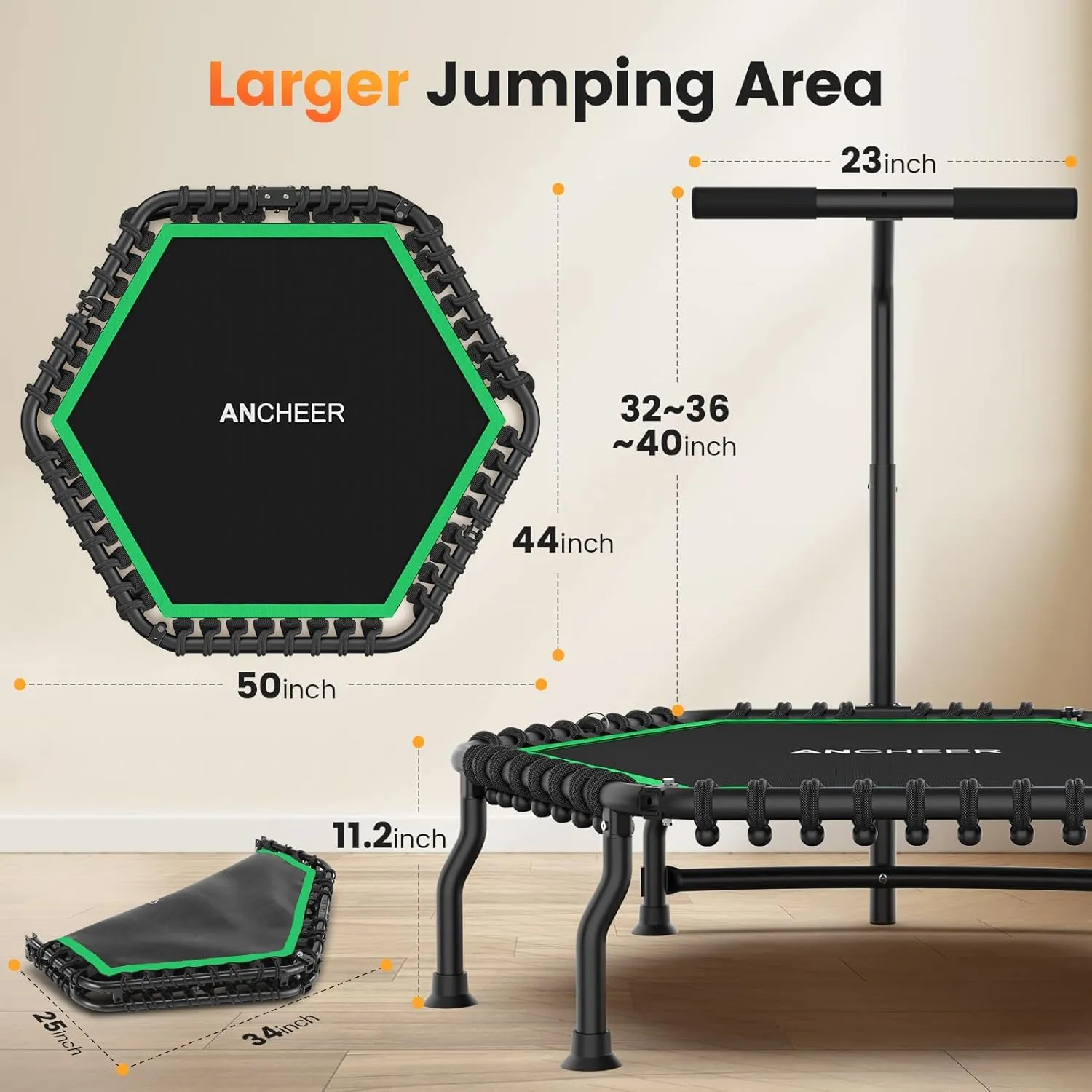 ANCHEER 50" Rebounder Trampoline for Adults- 2025 Foldable Mini Trampoline with Bar- Exercise Trampoline for Adults, Max Load 560lbs, for Indoor/Garden Workout