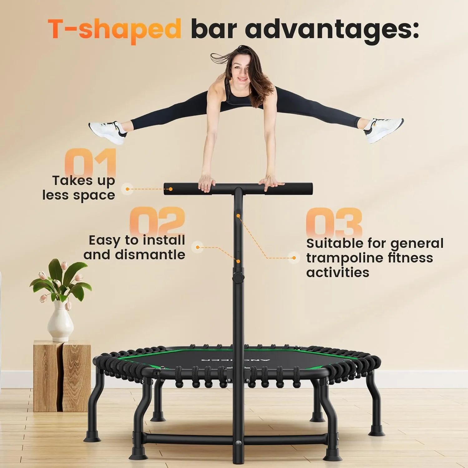 ANCHEER 50" Rebounder Trampoline for Adults- 2025 Foldable Mini Trampoline with Bar- Exercise Trampoline for Adults, Max Load 560lbs, for Indoor/Garden Workout