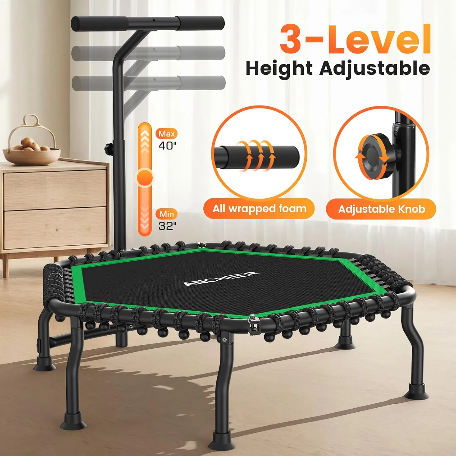 ANCHEER 50" Rebounder Trampoline for Adults- 2025 Foldable Mini Trampoline with Bar- Exercise Trampoline for Adults, Max Load 560lbs, for Indoor/Garden Workout