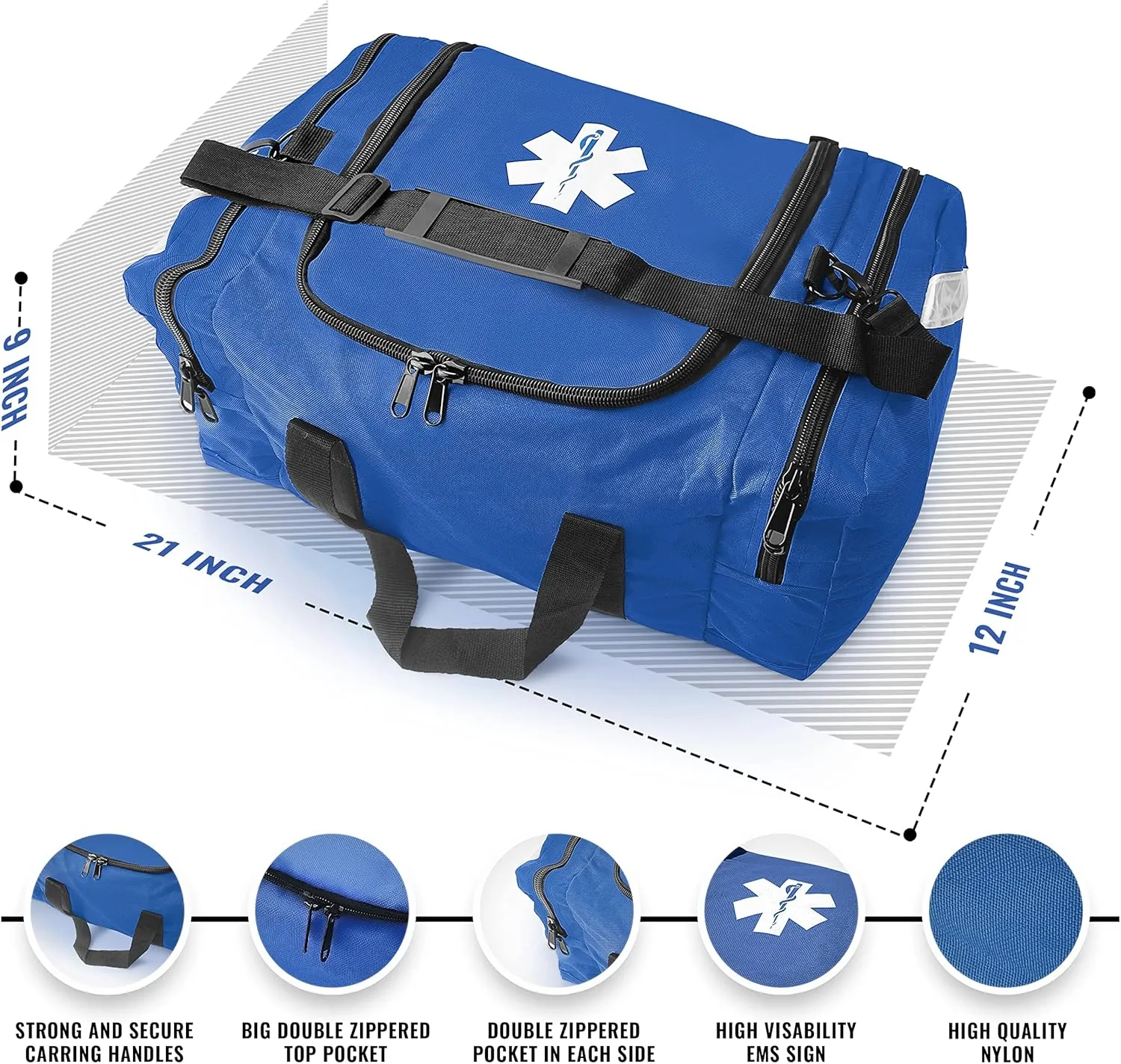 ASA TECHMED Large EMT First Responder Trauma Medical Bag Empty for Home 21x12x9 Inches, Office, School, EMTs, Paramedics, First Responders, Blue