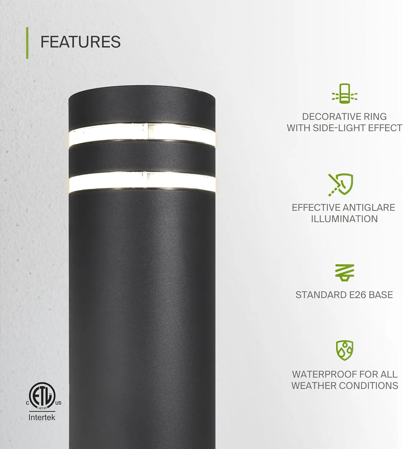 ASD 24 Inch Round Bollard Light Fixture | 60W E26 Socket 120V | Dimmable, Waterproof, LED/CFL/Incandescent Bulbs Compatible, ETL Listed | Outdoor Floor Lantern, Landscape Lighting | Black, 4 Pack