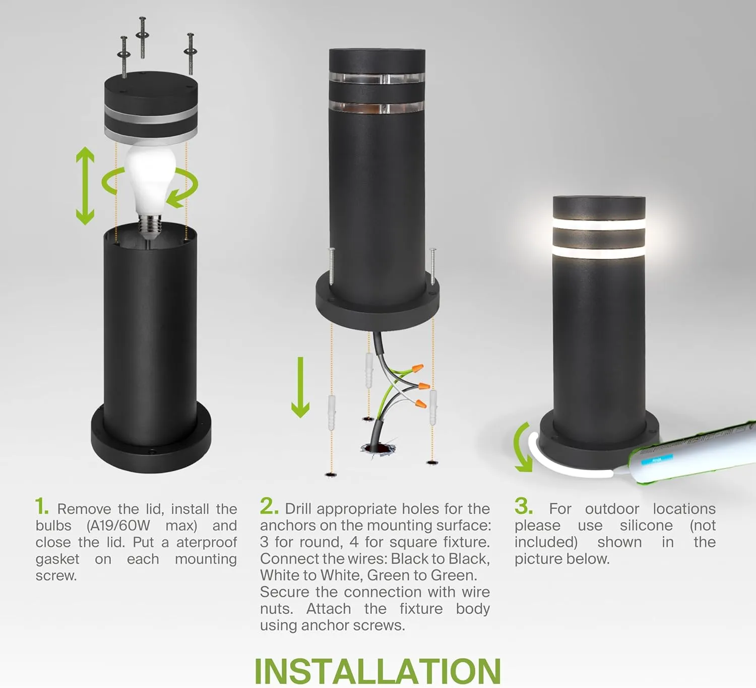 ASD 24 Inch Round Bollard Light Fixture | 60W E26 Socket 120V | Dimmable, Waterproof, LED/CFL/Incandescent Bulbs Compatible, ETL Listed | Outdoor Floor Lantern, Landscape Lighting | Black, 4 Pack